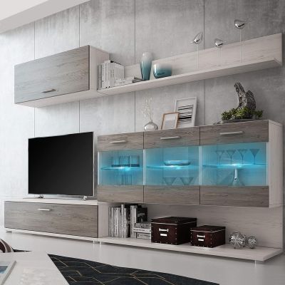 Mueble de Salón con Leds, Acabado en Andersen Pino, 250x115 cm