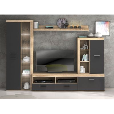 Mueble de Salón Moderno con Leds, Acabado en Cambria, 260x191 cm