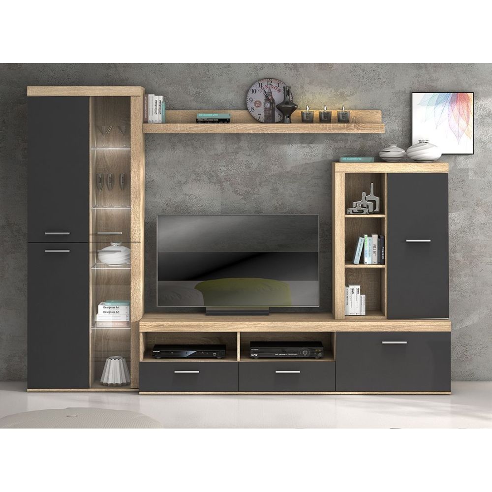 Mueble de Salón Moderno con Leds, Acabado en Cambria, 260x191 cm