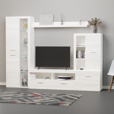 Mueble de Salón Moderno con Leds,Acabado en Andersen Pino, Medidas: 260 cm (An) x 191 cm (Al) 47,5 cm (Fon) Meyvaser
