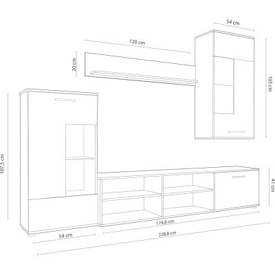 Mueble de Salón Moderno con Leds, Acabado en Cambria, 38 cm (Fon), 229x200 cm