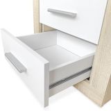 Mesita de Noche, Mesilla de Dormitorio, Acabado en Color Cambria y Blanco, Medidas: 50 cm (Lar) x 34,6 cm (Fon) x 60 cm (Al)