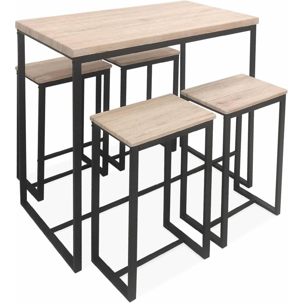 Conjunto de Mesa y 4 Taburetes con Estructura Metálica, Tapa y Asientos en MDF Roble - Mesa 100x60x86 cm, Taburete 43x30x60 cm